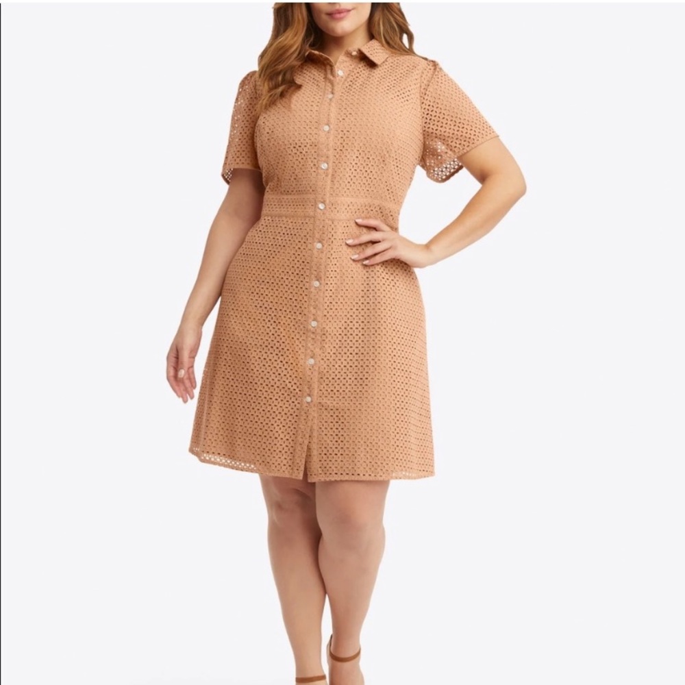 Draper James Tan Eyelet Button-Front Mini Dress